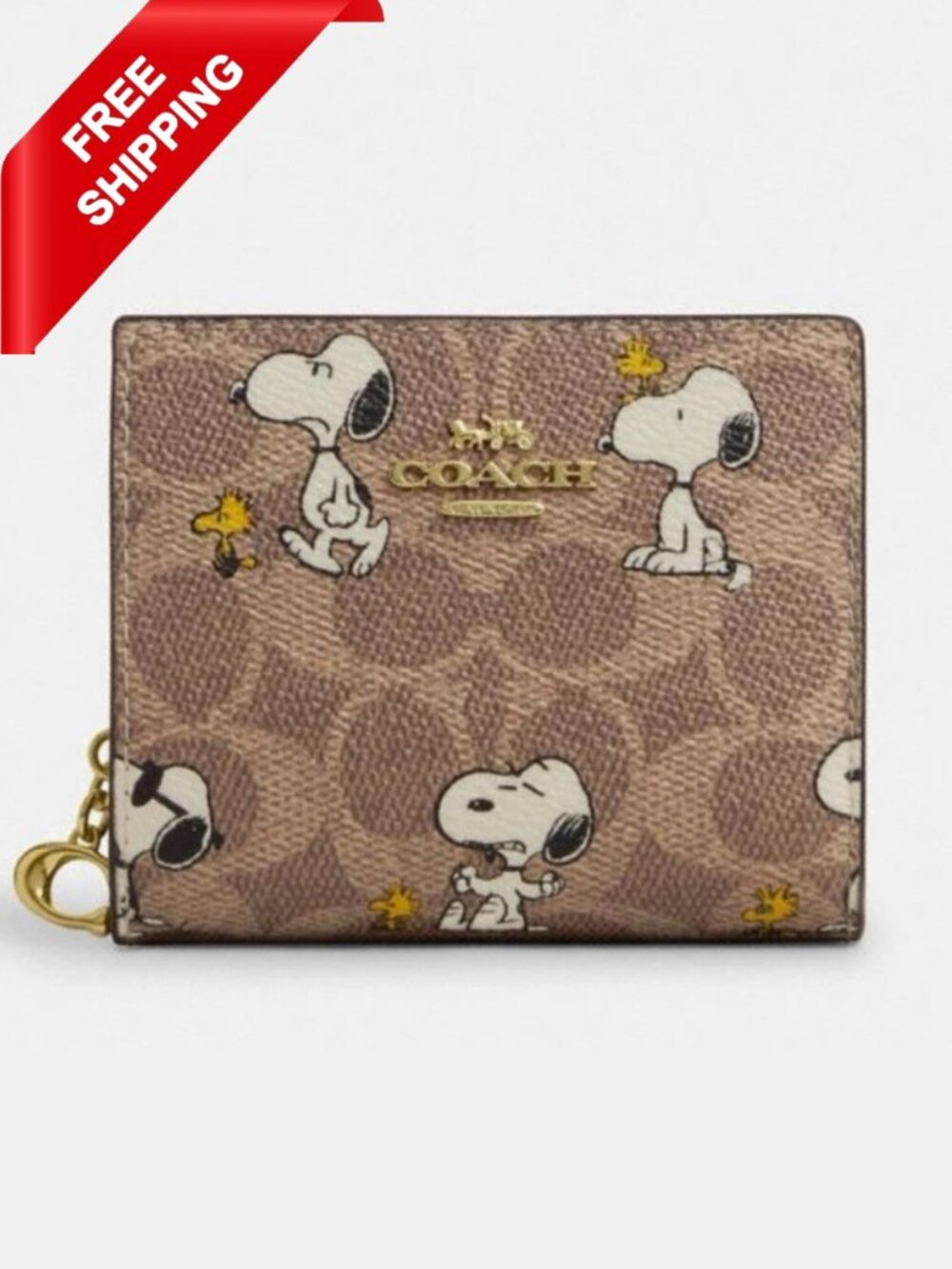 NWT Coach X Peanuts Snap Wallet In Signature Canvas With Snoopy Print CBN32 Tan
